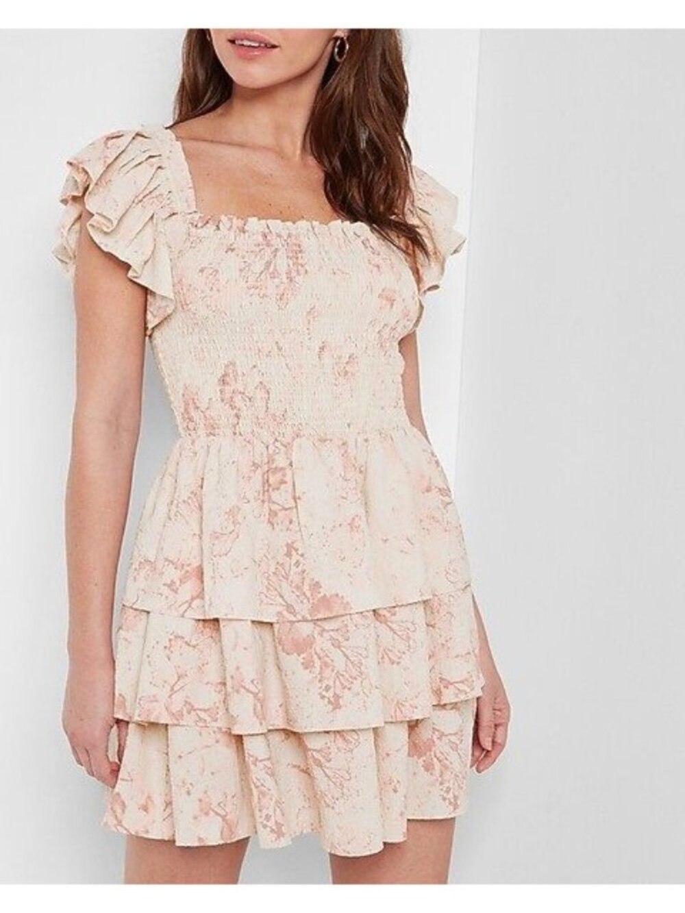 Express Watercolor Smocked Tiered Ruffle Mini Dress Size Small Square Neck NWT
